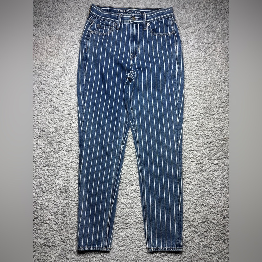 American Eagle Jeans Womens 0 Mom Jean High Rise Blue White Stripe Cotton BOHO